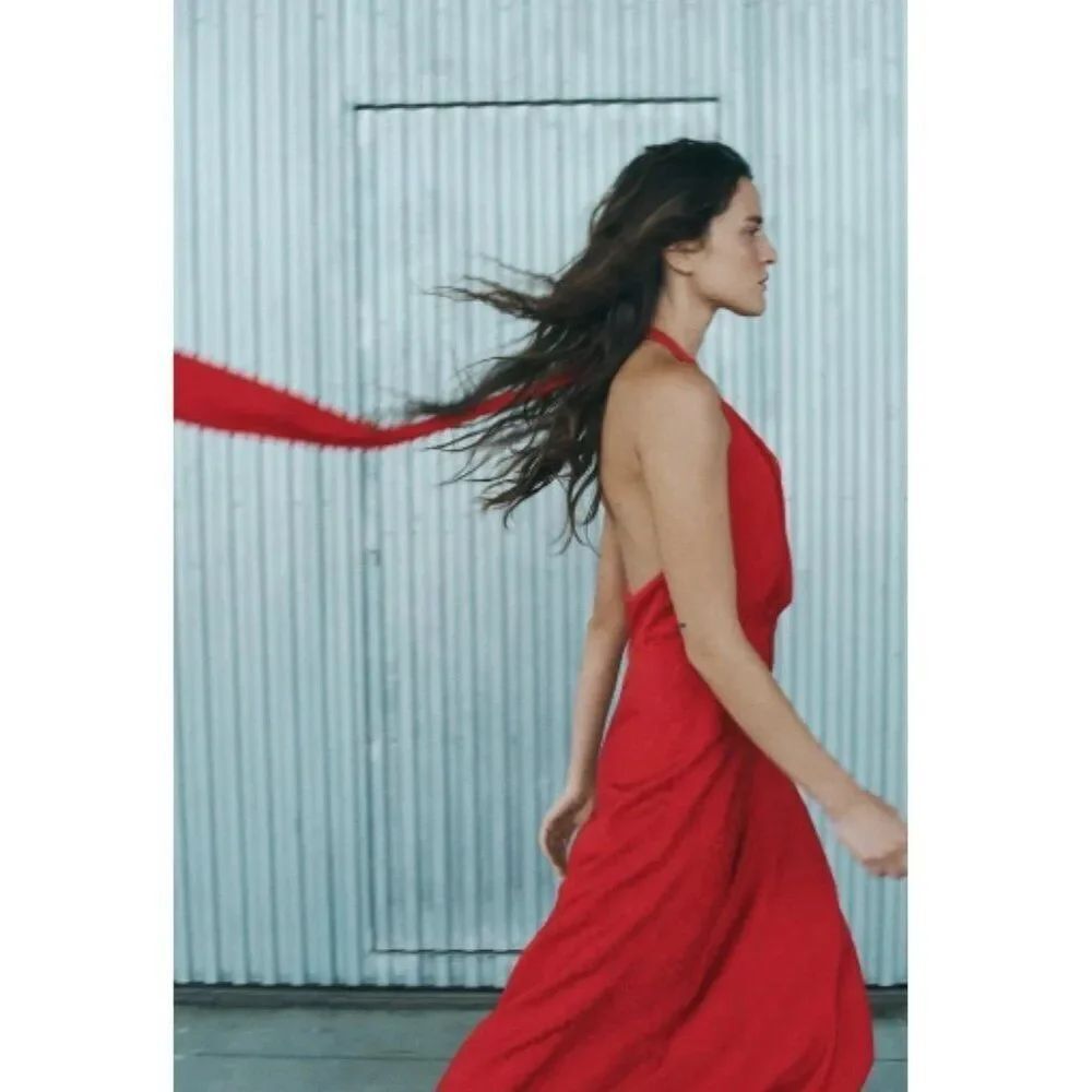 Zara Womens Jacquard Halter Midi Dress Sz XL Red Satin Effect Scarf 8741/267 NWT